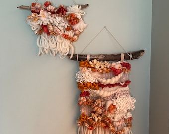 AUTUMN GLOW‘ textured weave, wall hanging, art yarn, driftwood, weave and mini weave