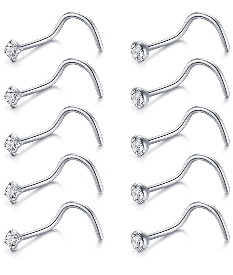 Nose Screw Rings Studs Surgical Steel Piercing Jewelry 2mm Clear CZ Nose Rings 10Pcs