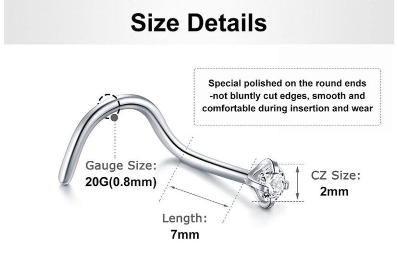 Nose Screw Rings Studs Surgical Steel Piercing Jewelry 2mm Clear CZ Nose Rings 10Pcs