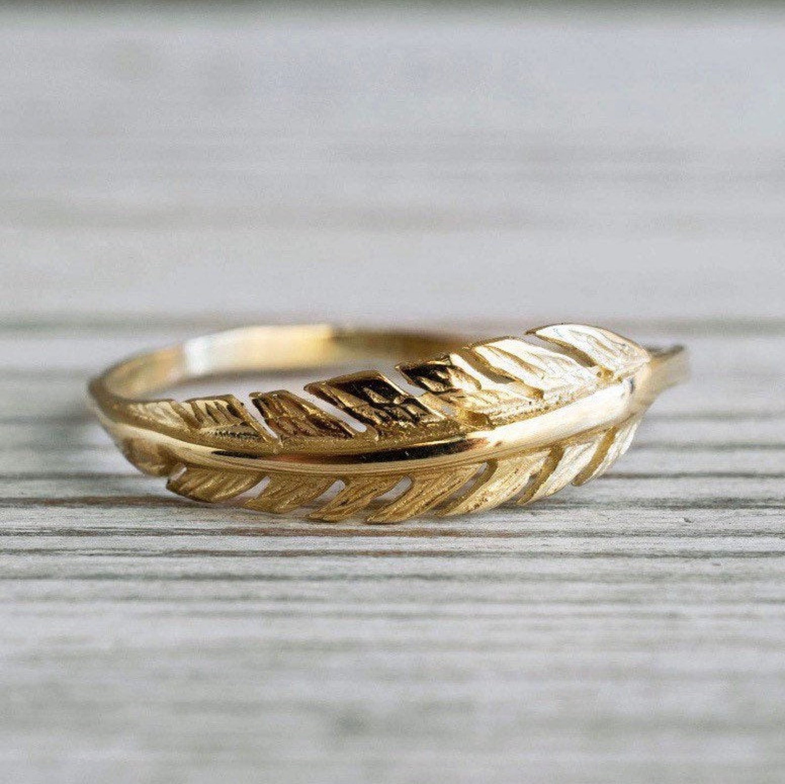 SOLID 14K Gold Feather Ring 14K Solid Yellow Gold Etsy
