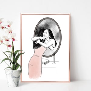 Self Love Illustration, Woman with the Mirror, Embrace, Graphic, Minimalist Art, Love, Joy, Positivity, Wall Decoration, Design