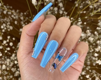 Blue Butterfly Nails Etsy Blue Butterfly Nails Etsy