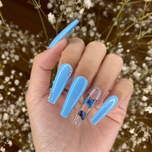 Blue Butterfly Press On Nails | Black Butterfly Press On Nails| Press on Nails Coffin| Birthday Press on Nails | Fake Nails