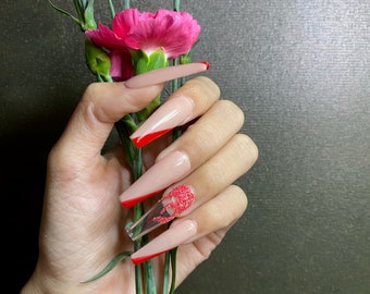 Press on Nails Coffin Red Flame Diamond Valentine| Press on Nails Short | Cute Press on Nails | False Nails Birthday Press on Nails