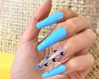 Press On Nails Blue Butterfly| Black Butterfly Press On Nails| Butterfly Glitter Nails| Coffin or Ballerina Nails| Glue On Nails| Fake Nails