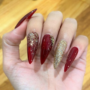 Burgundy Rhinestone Press on Nails Stiletto | Birthday Press on Nails | Hand Painted Press On Fake Nails | Long Press on Nails | False Nails
