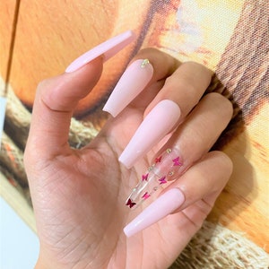 Baby Pink Butterfly Press On Nails| Rhinestone Press On Nails| Coffin Nails| Glue On Nails| Fake Nails| Press on Nails Coffin