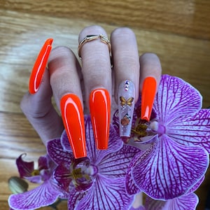 Neon Orange Butterfly Press On Nails-Rhinestone Coffin| Glue On Fake Nails Luxury Handmade Nail Tips| Coffin Nails| Fake Nails