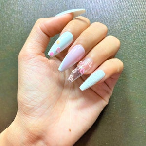 Press on Nails Coffin White Pink Heart Valentine| Press on Nails Short | Cute Press on Nails | False Nails Birthday Press on Nails