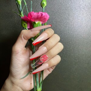 Press on Nails Coffin Red Flame Diamond Valentine| Press on Nails Short | Cute Press on Nails | False Nails Birthday Press on Nails
