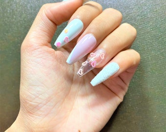 Press on Nails Coffin White Pink Heart Valentine| Press on Nails Short | Cute Press on Nails | False Nails Birthday Press on Nails