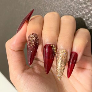 Press on Nails Stiletto Burgundy Rhinestone| Glue On Nails | Hand Painted Press On Fake Nails| Long Press on Nails | Birthday Press on Nails