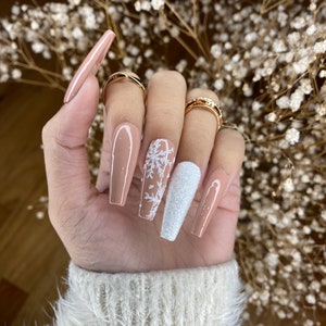 Nude and white snow flakes press on nails Press on Nails Short Cute Press on Nails False Nails Birthday Press on Nails image 2