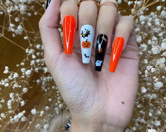 Halloween Press On Nails Design | Custom nails Design/ Rhinestone Press On Nails| Press on Nails Coffin| Fake Nails | False Nails