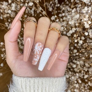Nude and white snow flakes press on nails Press on Nails Short Cute Press on Nails False Nails Birthday Press on Nails image 3