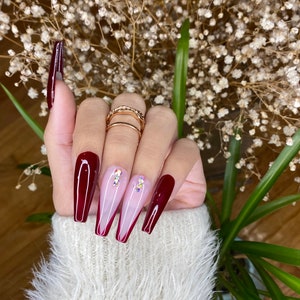 Burgundy V French with Rhinestone Coffin Press on Nails| Press on Nails Short| Hand Painted Press On Fake Nails| Press on Nails |False Nails