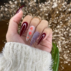 Press on Nails Coffin Burgundy and Silver Nails Design | Press on Nails Short | Cute Press on Nails | False Nails Birthday Press on Nails