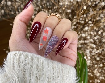 Press on Nails Coffin Burgundy and Silver Nails Design | Press on Nails Short | Cute Press on Nails | False Nails Birthday Press on Nails