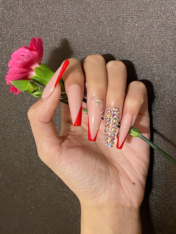 Press On Nails Coffin Nude Red Diamond Valentine Press On Etsy New Zealand