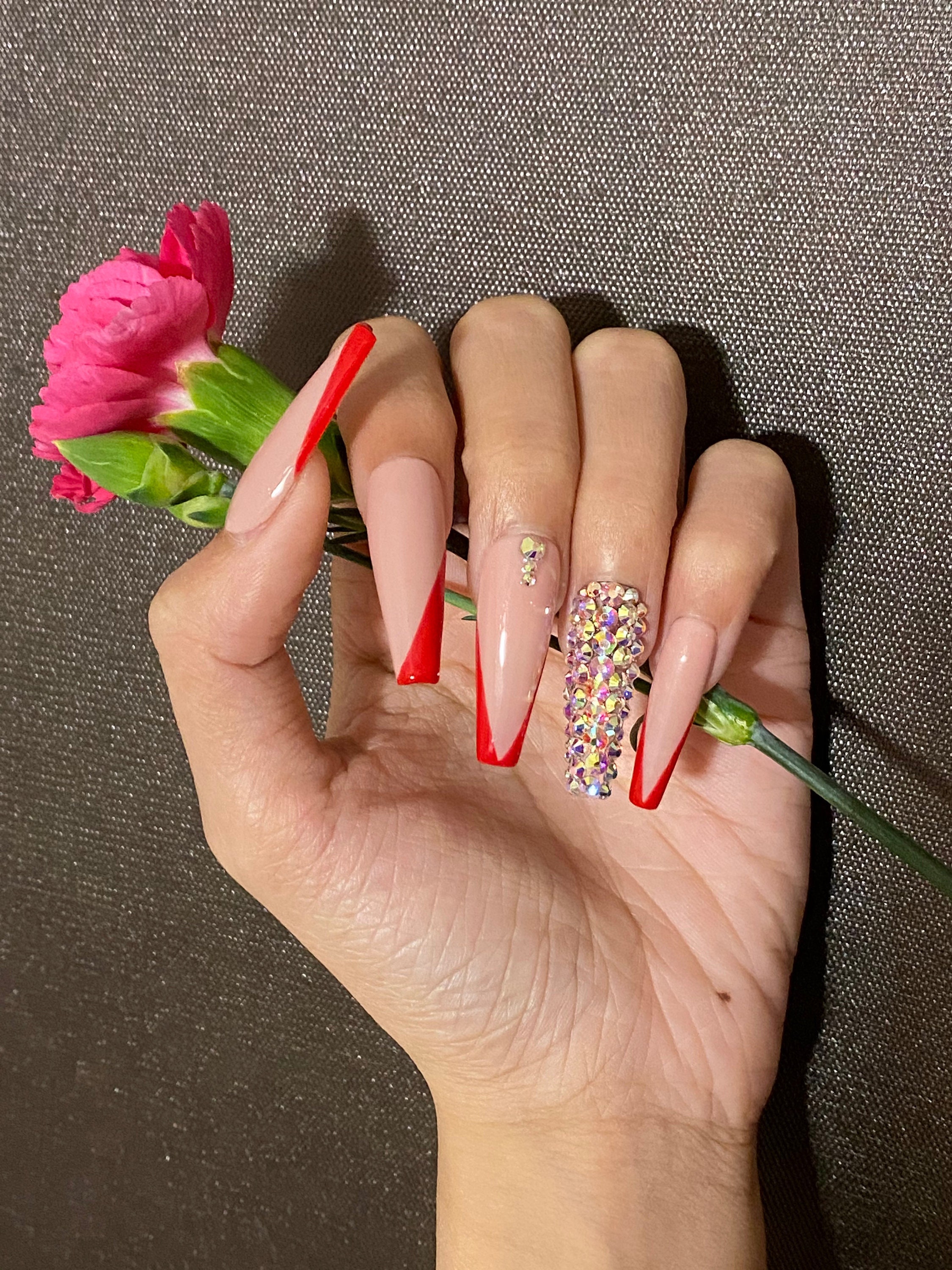 Press on Nails Coffin Nude Red Diamond Valentine Press on | Etsy