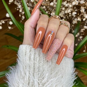 Brown glitter shine with diamonds Press on Nails Coffin | Press on Nails Short | Cute Press on Nails | False Nails Birthday Press on Nails