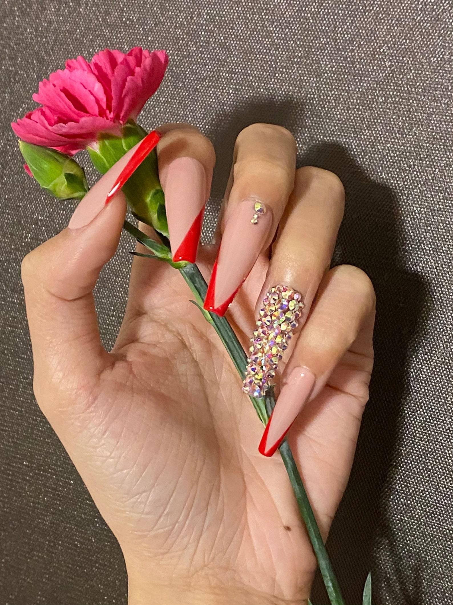 Press on Nails Coffin Nude Red Diamond Valentine Press on | Etsy