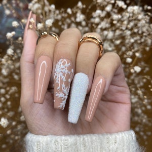 Nude and white snow flakes press on nails Press on Nails Short Cute Press on Nails False Nails Birthday Press on Nails image 4