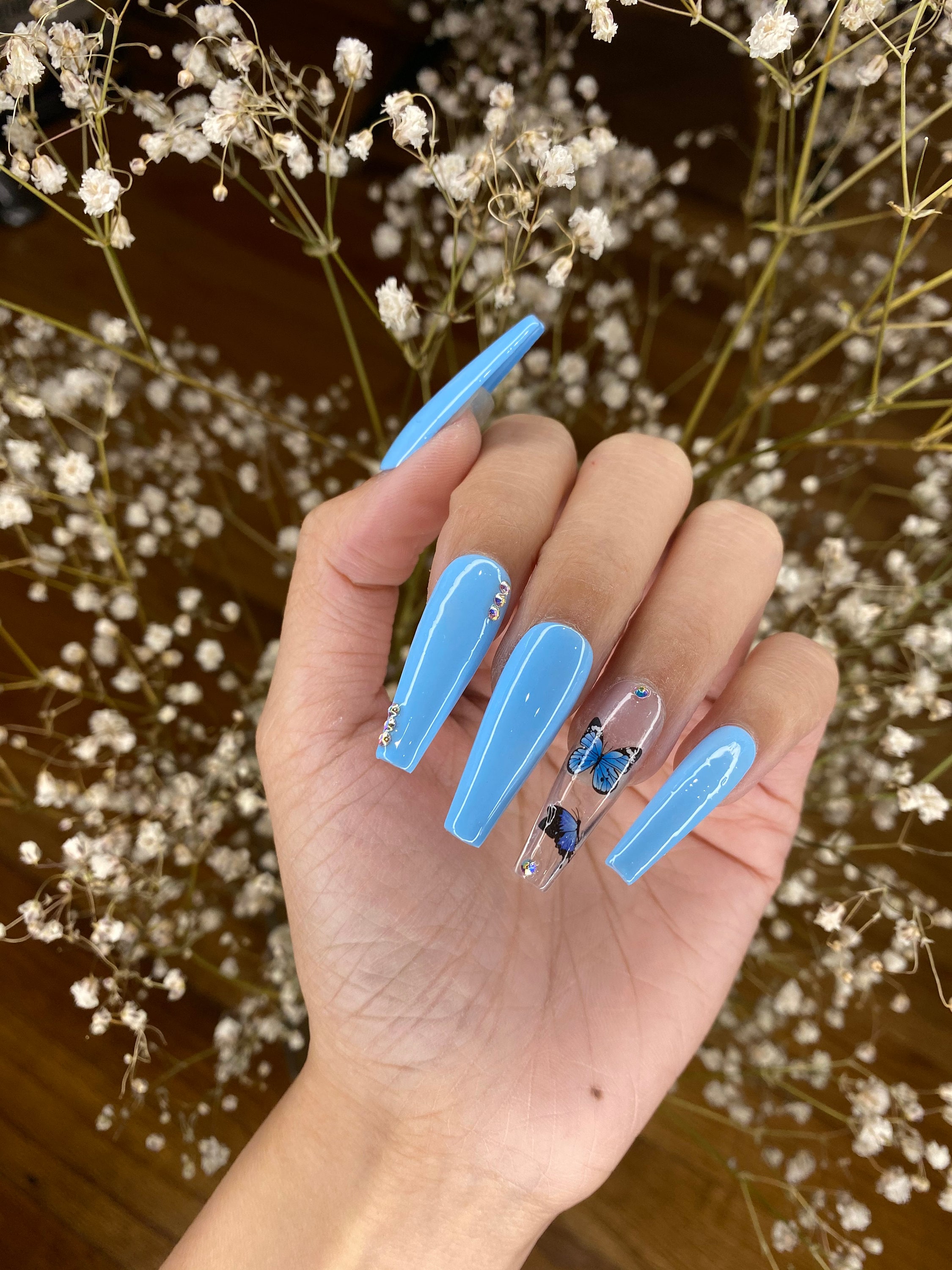 Butterfly Glitter Nails Press On Nails Blue Butterfly Fake Nails Glue On Nails Coffin or Ballerina Nails Black Butterfly Press On Nails
