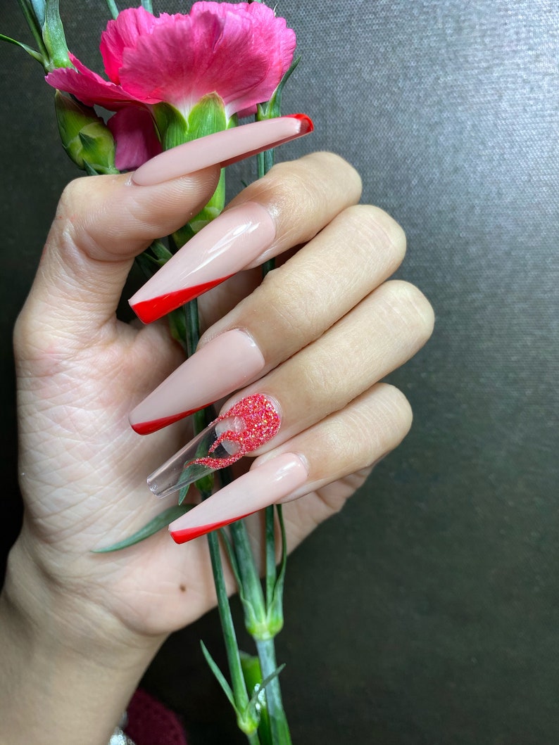 Press on Nails Coffin Red Flame Diamond Valentine Press on Nails Short Cute Press on Nails False Nails Birthday Press on Nails image 2