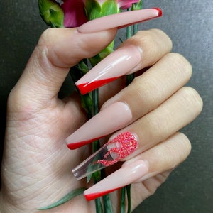 Press on Nails Coffin Red Flame Diamond Valentine Press on Nails Short Cute Press on Nails False Nails Birthday Press on Nails image 3