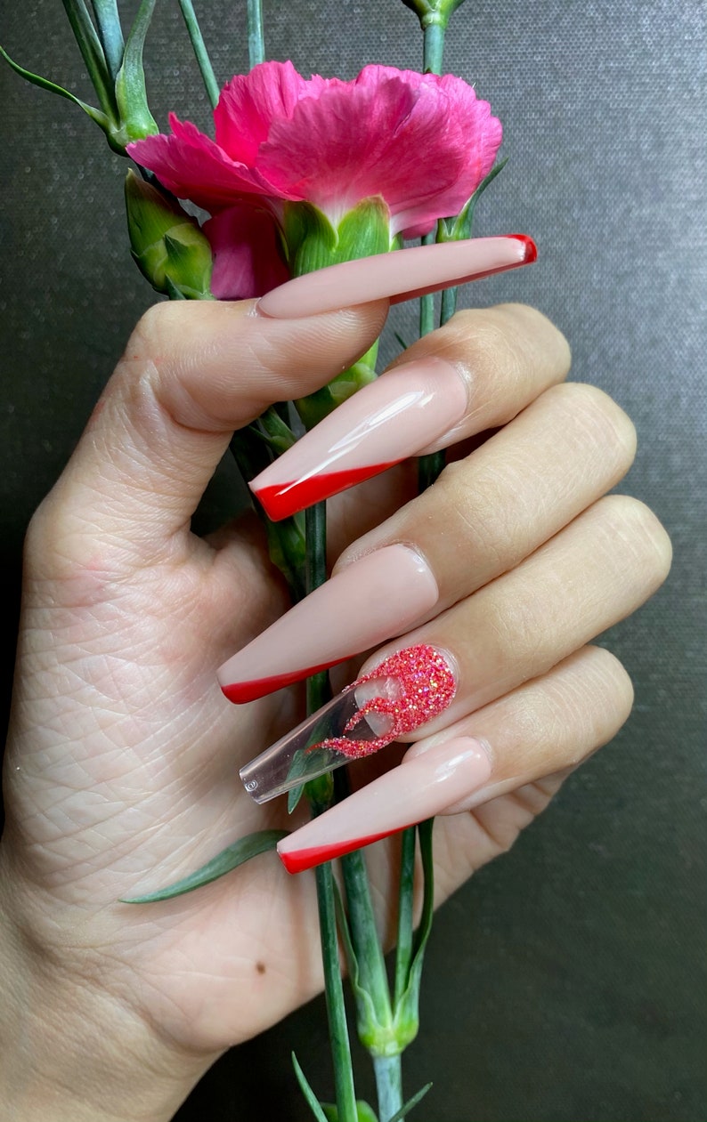 Press on Nails Coffin Red Flame Diamond Valentine Press on Nails Short Cute Press on Nails False Nails Birthday Press on Nails image 3