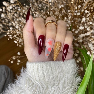 Press on Nails Coffin Burgundy Nails Design | Druk op Nails Short | Leuke Press on Nails | Valse nagels verjaardag pers op nagels gemaakt in de VS