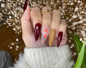 Press on Nails Coffin Burgundy Nails Design | Press on Nails Short | Cute Press on Nails | False Nails Birthday Press on Nails Made In US