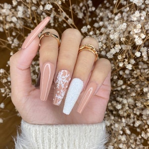 Nude and white snow flakes press on nails Press on Nails Short Cute Press on Nails False Nails Birthday Press on Nails image 1