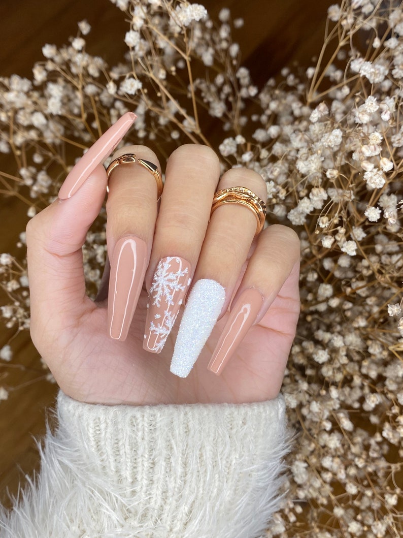 Nude and white snow flakes press on nails Press on Nails Short Cute Press on Nails False Nails Birthday Press on Nails image 1