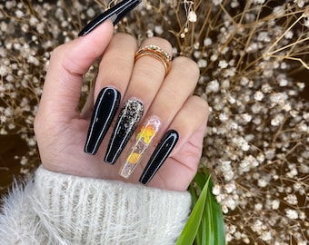 Press on Nails Coffin Black Fall Nails Design | Press on Nails Short | Cute Press on Nails | False Nails Birthday Press on Nails Made In US