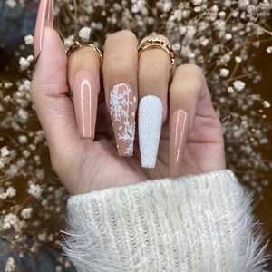 Nude and white snow flakes press on nails Press on Nails Short Cute Press on Nails False Nails Birthday Press on Nails image 5