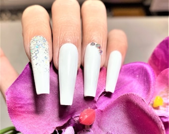 Press On Nails-Rhinestone Coffin| Glue On Fake Nails Luxury Handmade Nail Tips| Birthday Press on Nails| Coffin Nails| Fake Nails