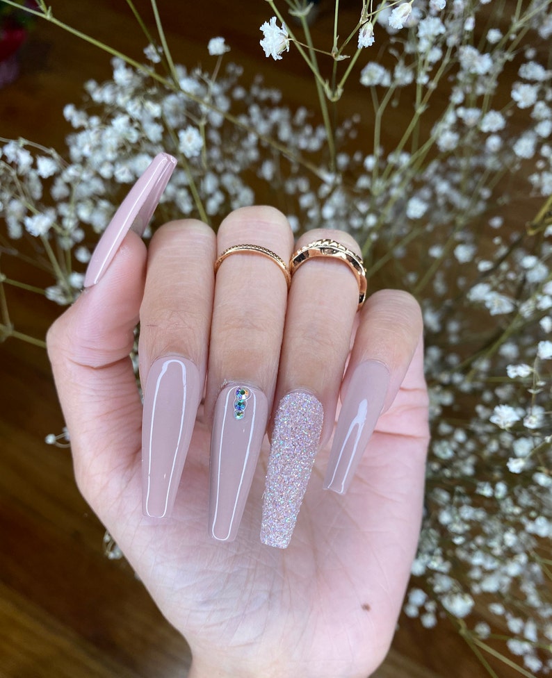 Nude coffin press on nails with glitter shine/  false or fake image 0