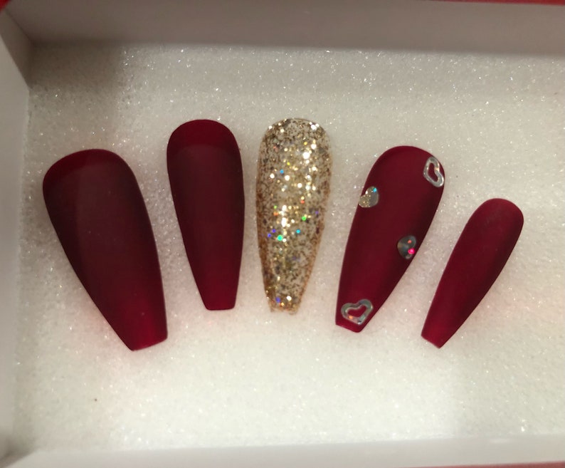 Press on Nails Coffin Burgundy Heart Valentine Press on Nails Short Cute Press on Nails False Nails Birthday Press on Nails Made In US image 3