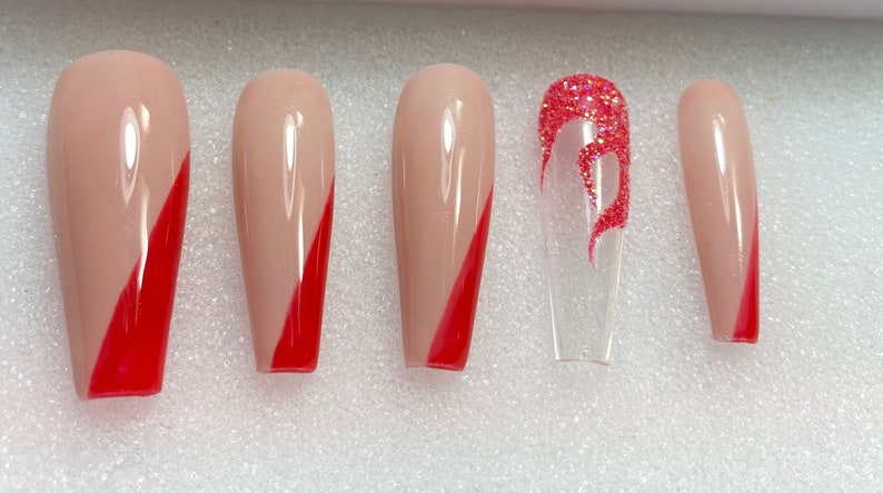 Press on Nails Coffin Red Flame Diamond Valentine Press on Nails Short Cute Press on Nails False Nails Birthday Press on Nails image 4