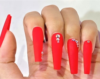 Press On Nails-Rhinestone Coffin| Glue On Fake Nails Luxury Handmade Nail Tips| Birthday Press on Nails | Coffin Nails| Fake Nails