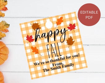 Editable Happy Fall Gift Tag Template, Printable Hello Fall Gift Tag, Thanksgiving Favor Tag, Thankful For You Leaves Tag, Instant Download