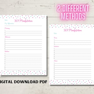 May include: Two printable 369 manifestation worksheets with pink and blue confetti backgrounds. The first worksheet has sections for date, affirmation, morning, afternoon, and bedtime. The second worksheet has sections for date, focus, intention, and action.
