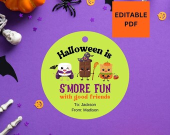 Editable Printable Halloween Smore Tags, Smores Treat Bag Tags, S'mores Favor, School Halloween Party Favor, Halloween Class Treat Gift Tags