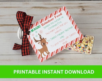 Etiquetas imprimibles de comida de reno mágico con poema, descarga instantánea de etiquetas de comida de reno mágico, pegatinas de comida de reno de Papá Noel de Nochebuena en PDF