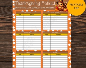 Printable Thanksgiving Potluck Sign Up Sheet, Digital Download Thanksgiving Potluck Sign Up Form, Thanksgiving Dinner Food Signup Sheet