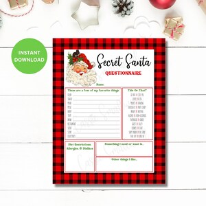 Druckbarer geheimer Nikolaus-Fragebogen für Arbeit oder Familie, Urlaub Weihnachten Geschenk-Austausch-Formular Secret Santa-Wunschliste Sofortiger Download PDF