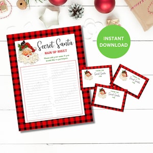 Folha de inscrição do Papai Noel secreto para impressão e cartões de desenho para o trabalho, formulário de troca de presentes de Natal, lista de inscrição do jogo do Papai Noel secreto da família