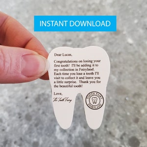 Descarga instantánea editable Primera carta del hada de los dientes, Idea de regalo de plantilla de nota perdida del primer diente imprimible, Certificado de visita del primer hada de los dientes